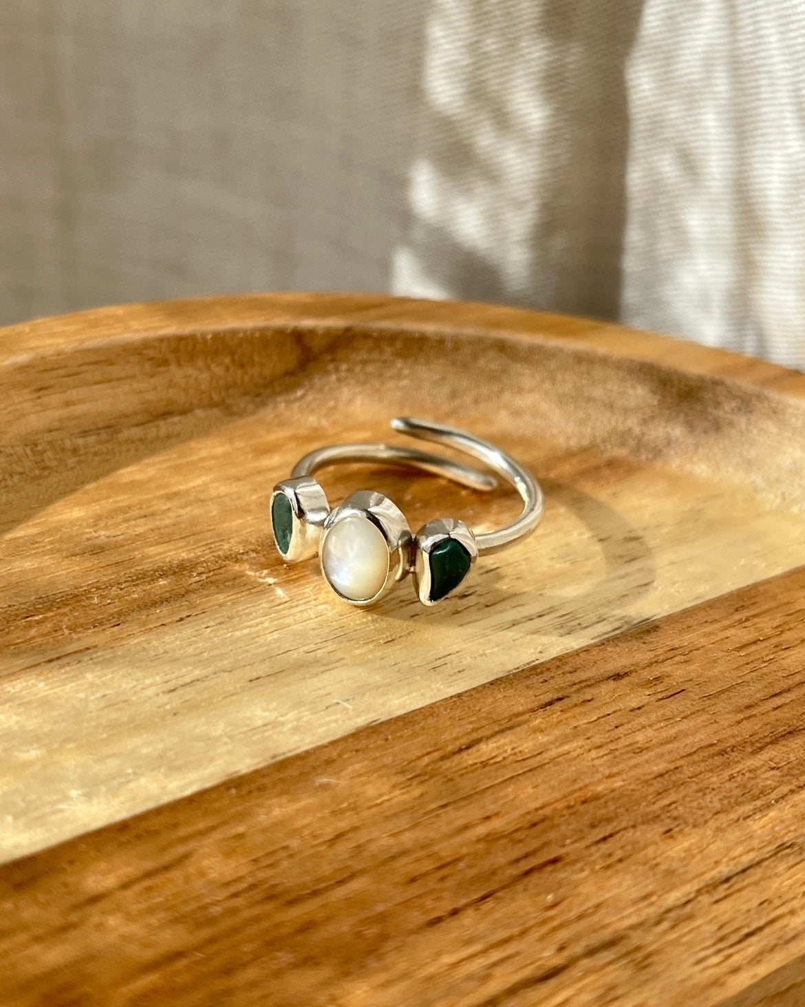 Mother of Pearl + Teal Sea Glass Adjustable Ring