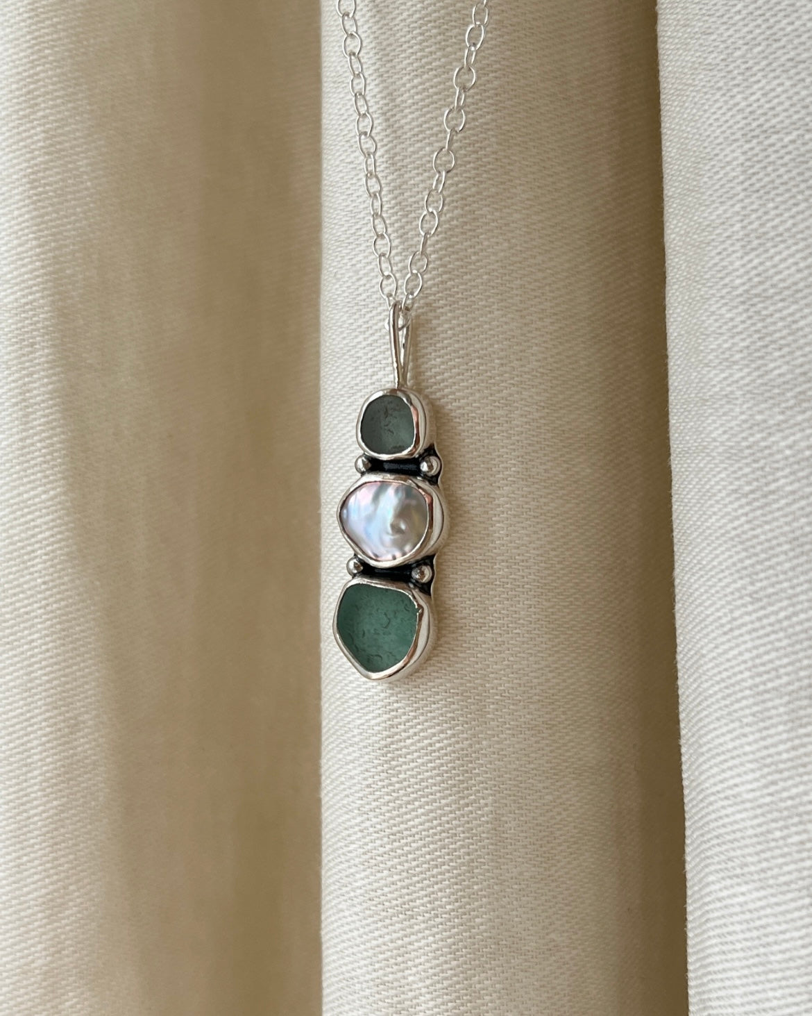 Keishi Pearl + Teal Sea Glass Three-Toned Necklace
