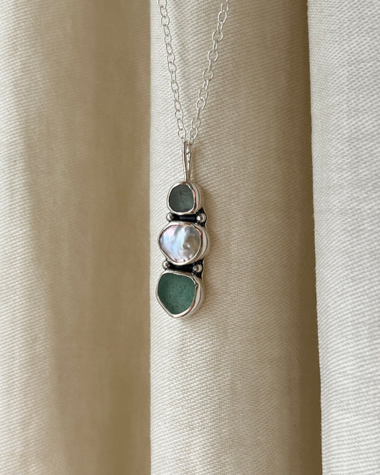 Keishi Pearl + Teal Sea Glass Three-Toned Necklace