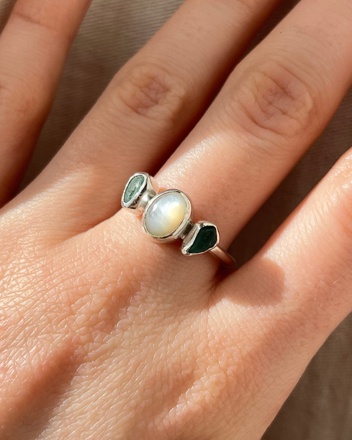 Mother of Pearl + Teal Sea Glass Adjustable Ring