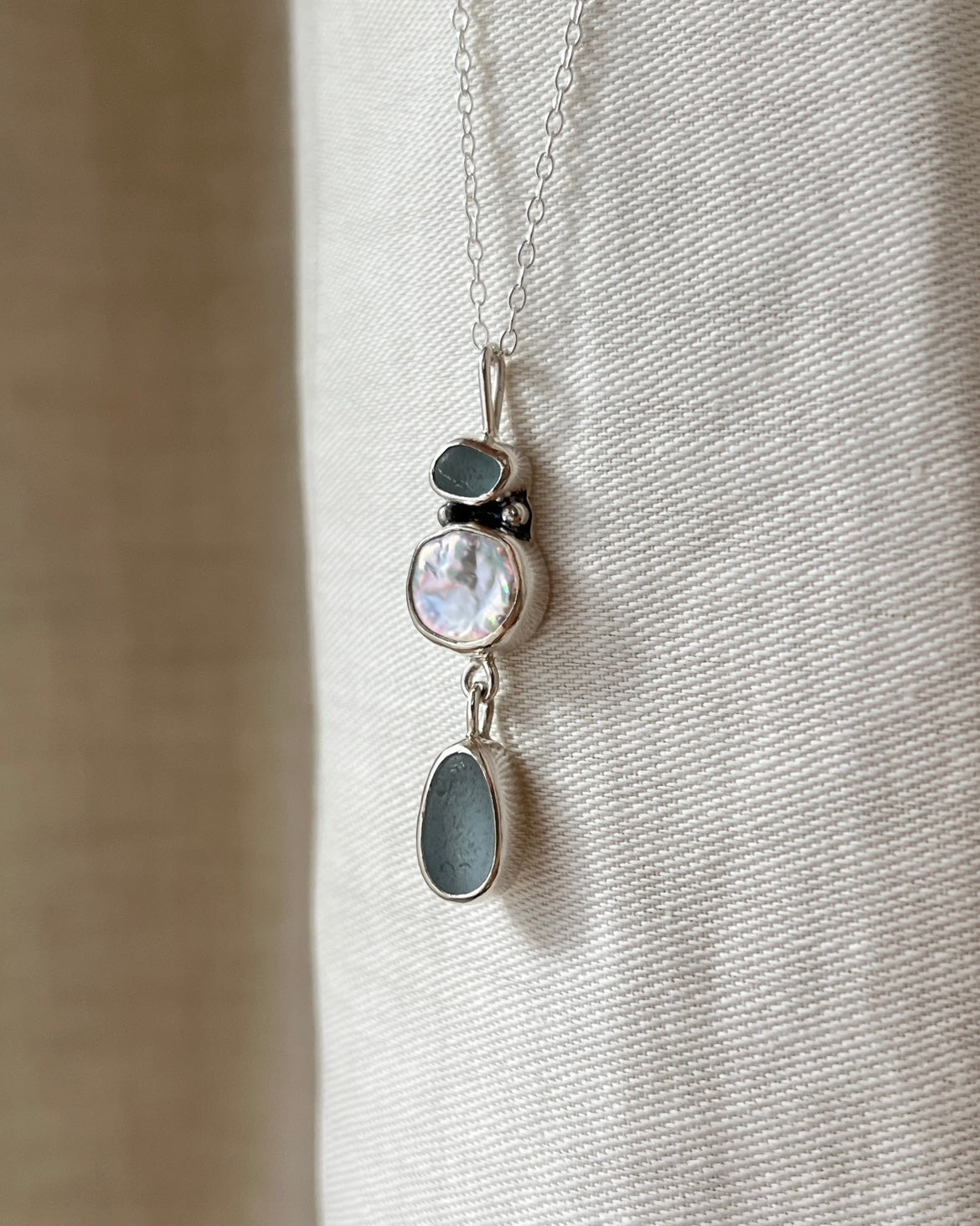 Keishi Pearl + Blue Sea Glass Drop Necklace
