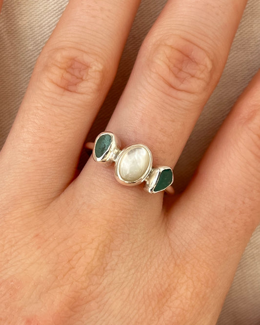 Mother of Pearl + Teal Sea Glass Adjustable Ring