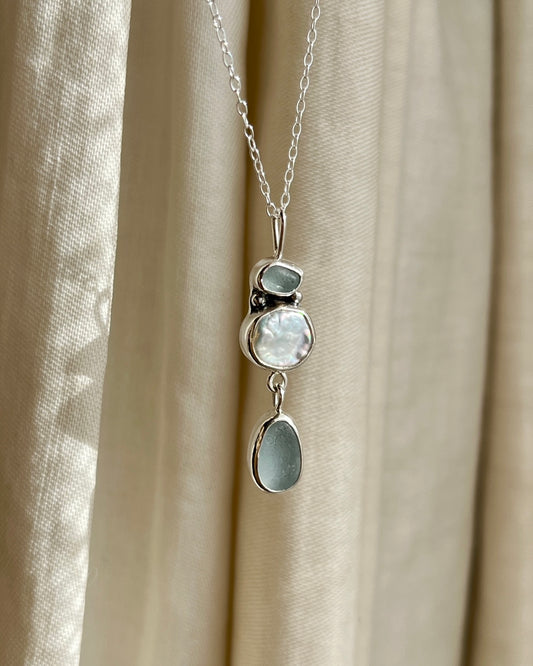 Keishi Pearl + Blue Sea Glass Drop Necklace