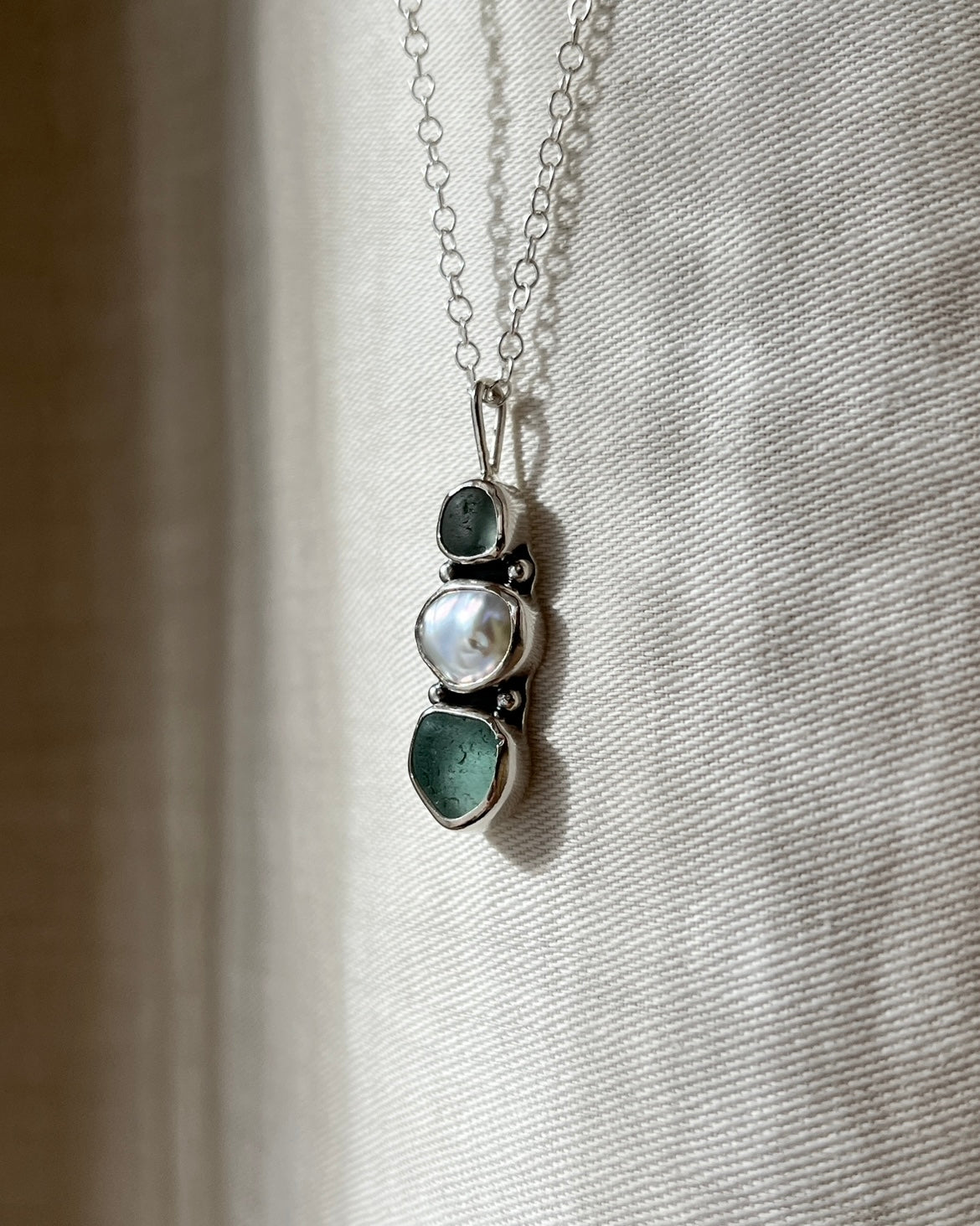 Keishi Pearl + Teal Sea Glass Three-Toned Necklace